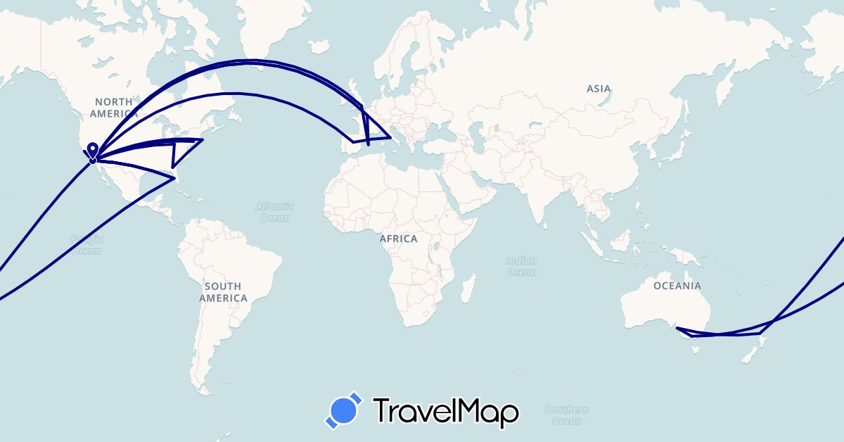 TravelMap itinerary: driving in Australia, Spain, France, United Kingdom, Italy, New Zealand, United States (Europe, North America, Oceania)